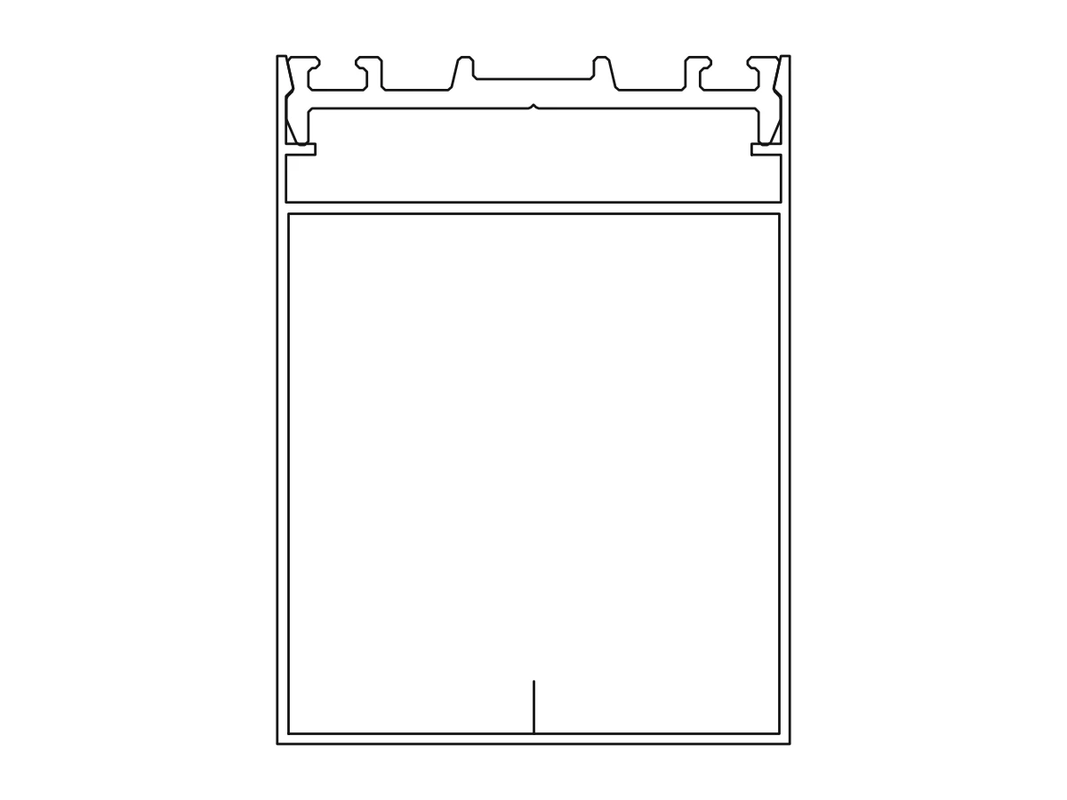 Section drawing of the full width facade cover profile with its base locking tabs