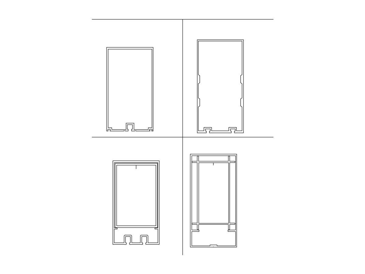 Section drawing of four open frame curtain wall mullion profiles with glazing flanges