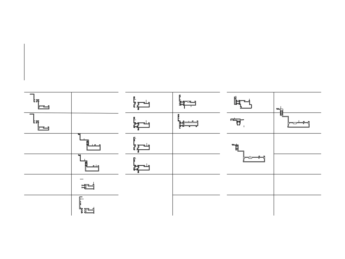 Lineup drawing of curtain wall opening frame section variants in three groups