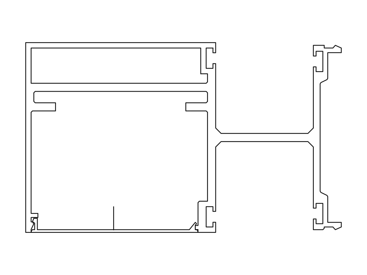 Section drawing of a double chamber curtain wall transom profile with cover flange