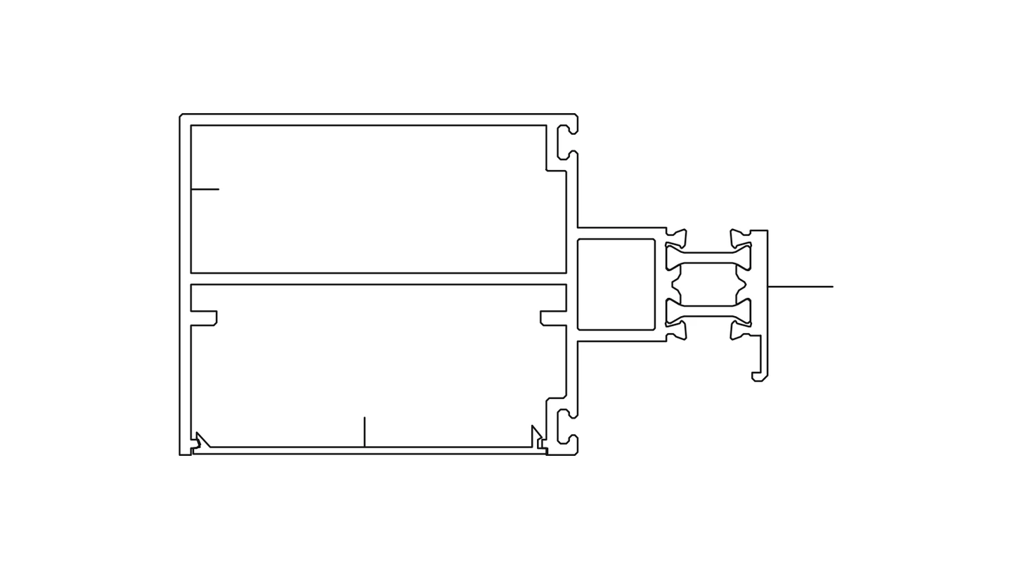 Section drawing of a curtain wall transom profile with its mullion connector