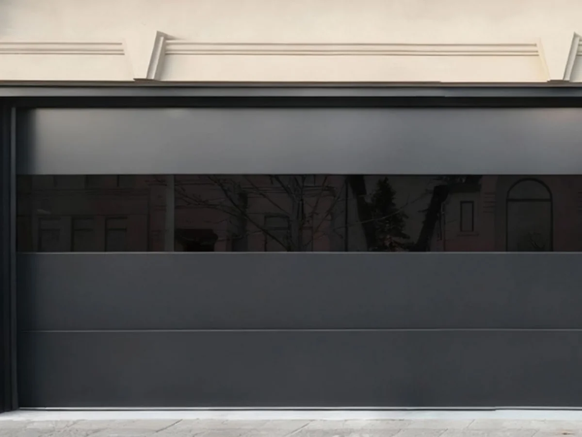Drawing of the flush panel garage door with a glass-light panel set into the leaf