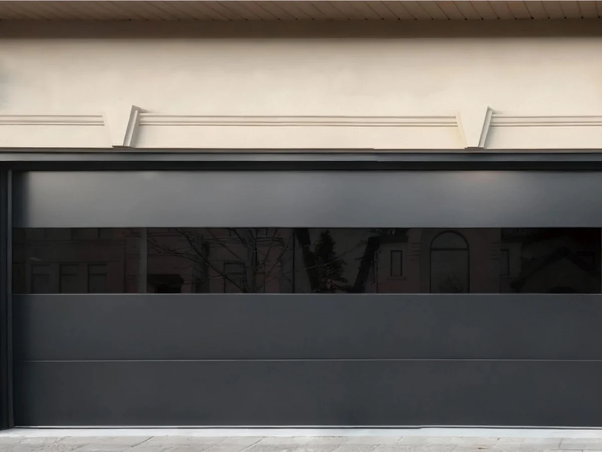Aluminium flush panel garage door with a glass-light panel in the layout, design rendering