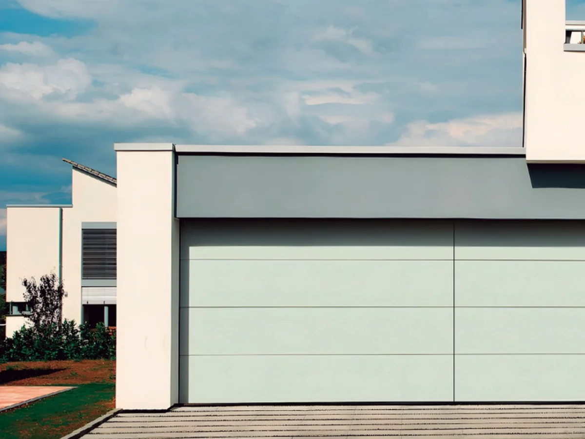 Aluminium flush panel garage door with panels in one plane across the leaf, design rendering