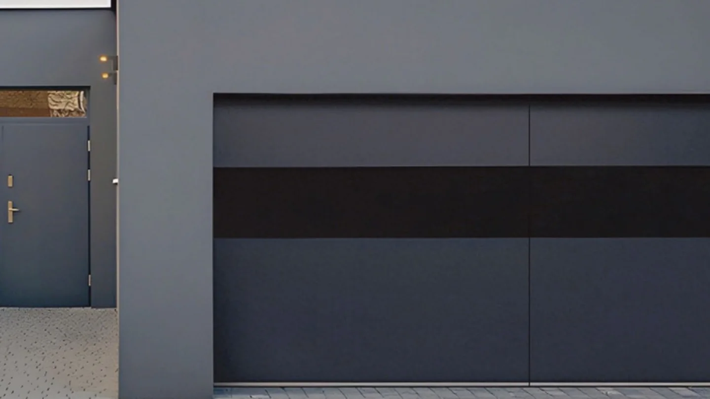 Aluminium flush panel garage door with flat panels on a rendered modern house, design rendering