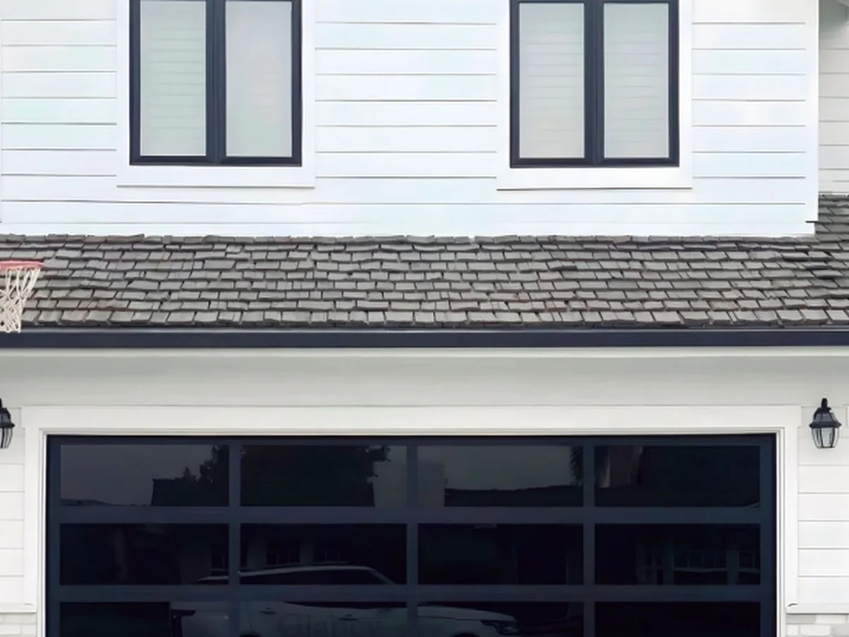 Aluminium glass panel garage door with full-height glazed sections, design rendering