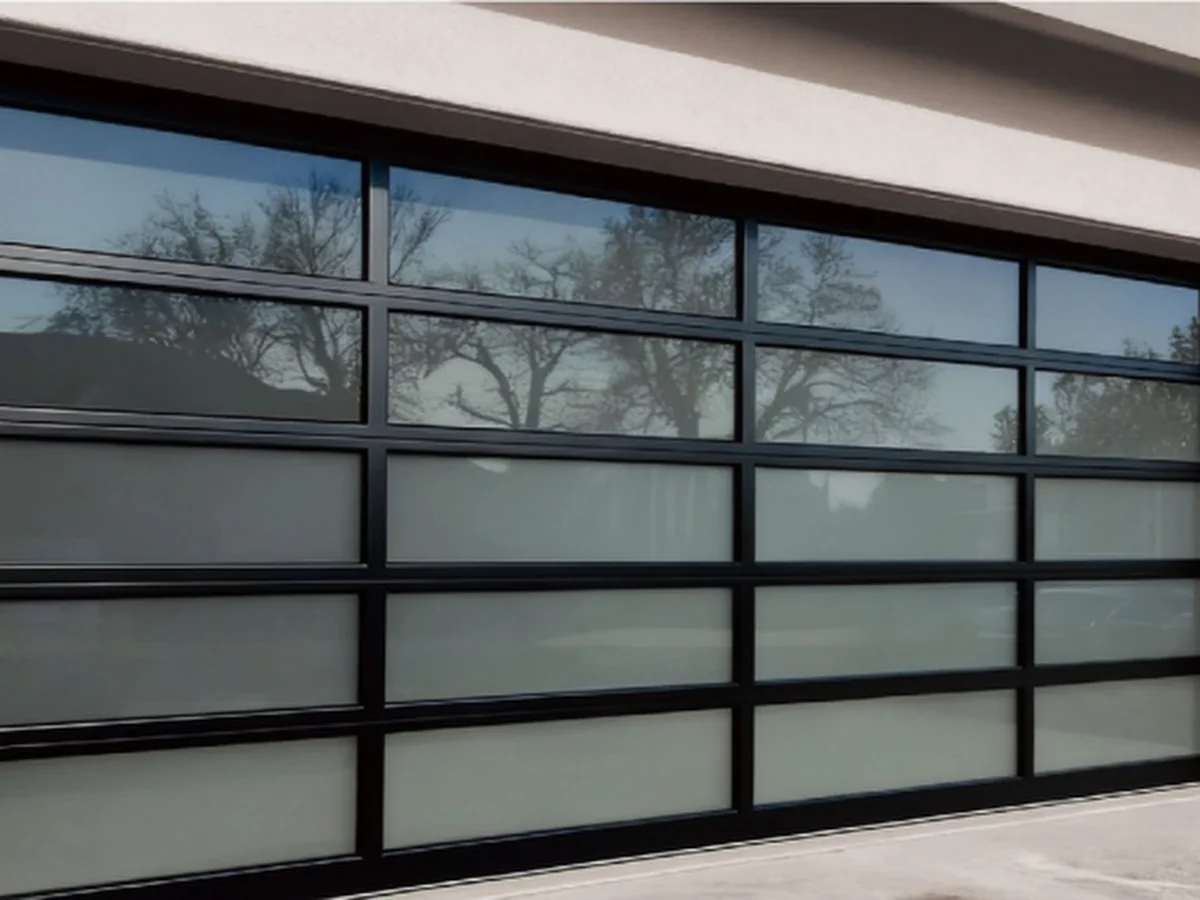 Aluminium glass panel garage door with vision sections across the front, design rendering