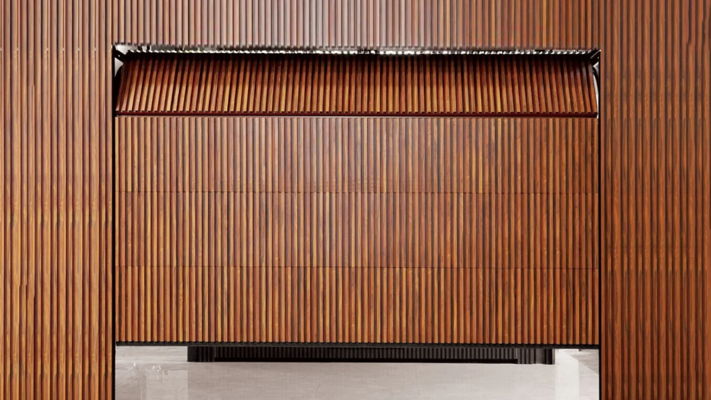 Aluminium grille sectional garage door with horizontal battens on a rendered house front, design rendering
