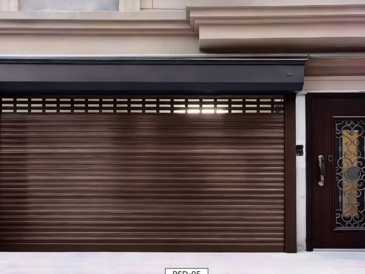 Aluminium roller shutter garage door curtain rolled into the head box, design rendering