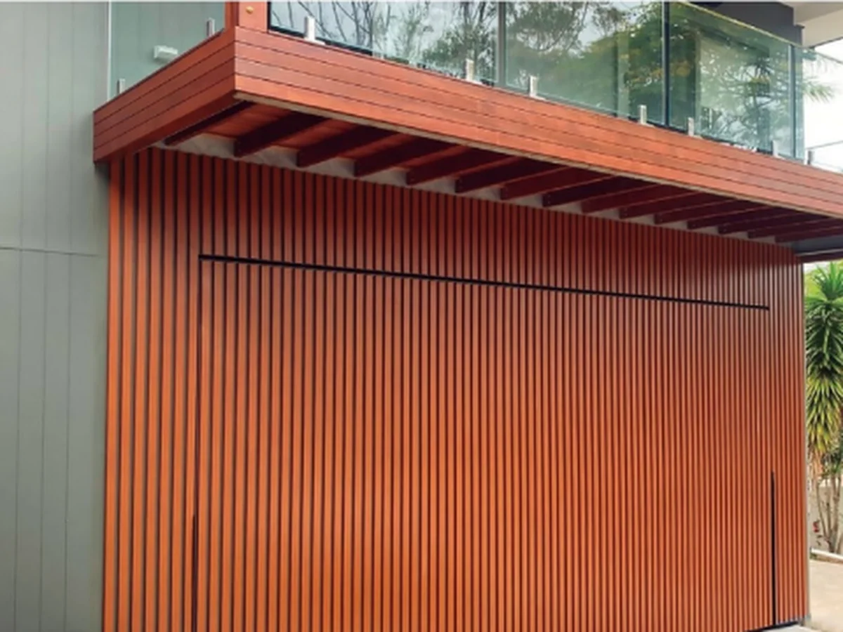Aluminium up and over garage door leaf resting on horizontal tracks, design rendering