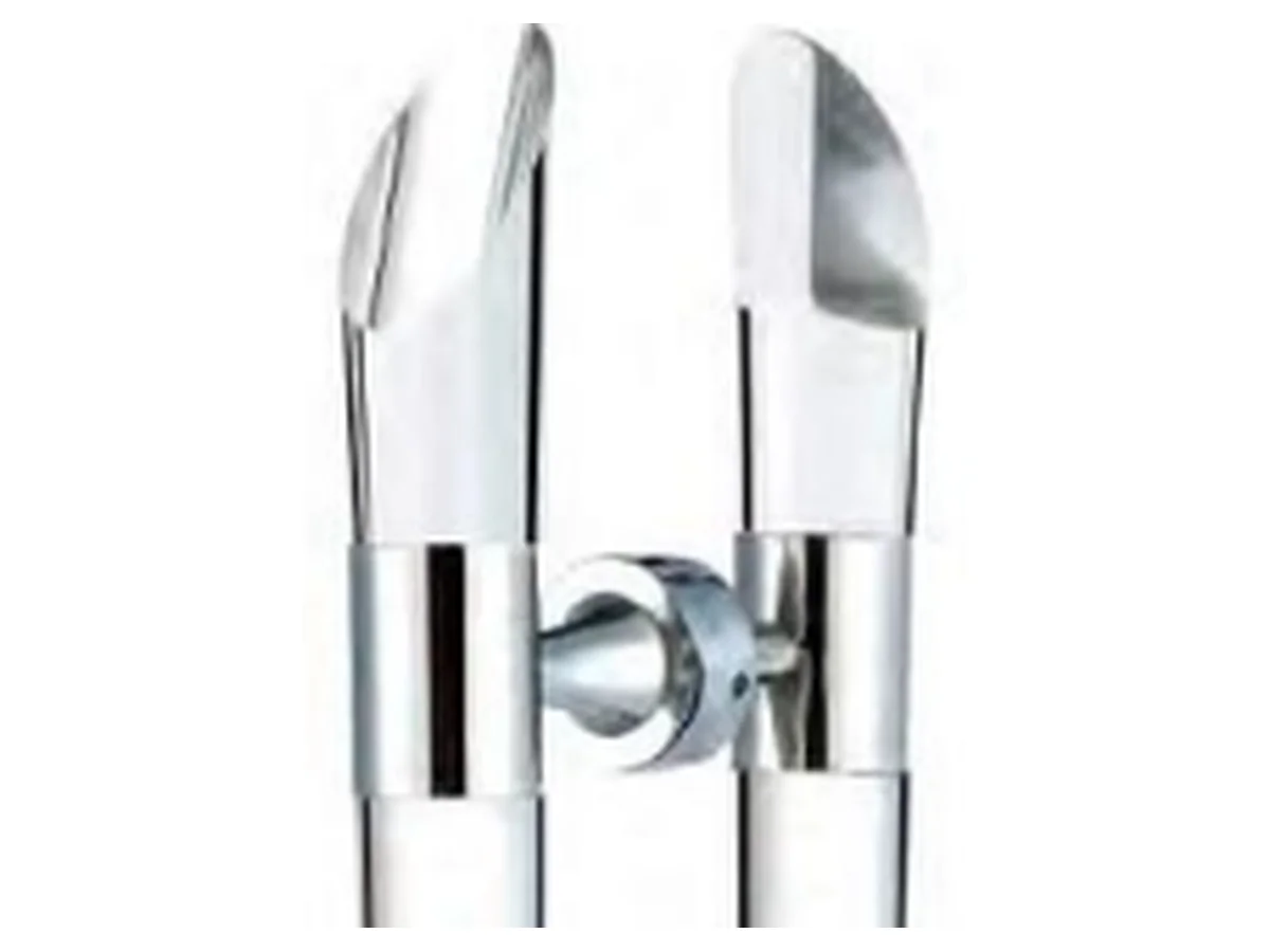 Close-up product shot of the round-profile aluminium stem and back plate of a crystal knob handle