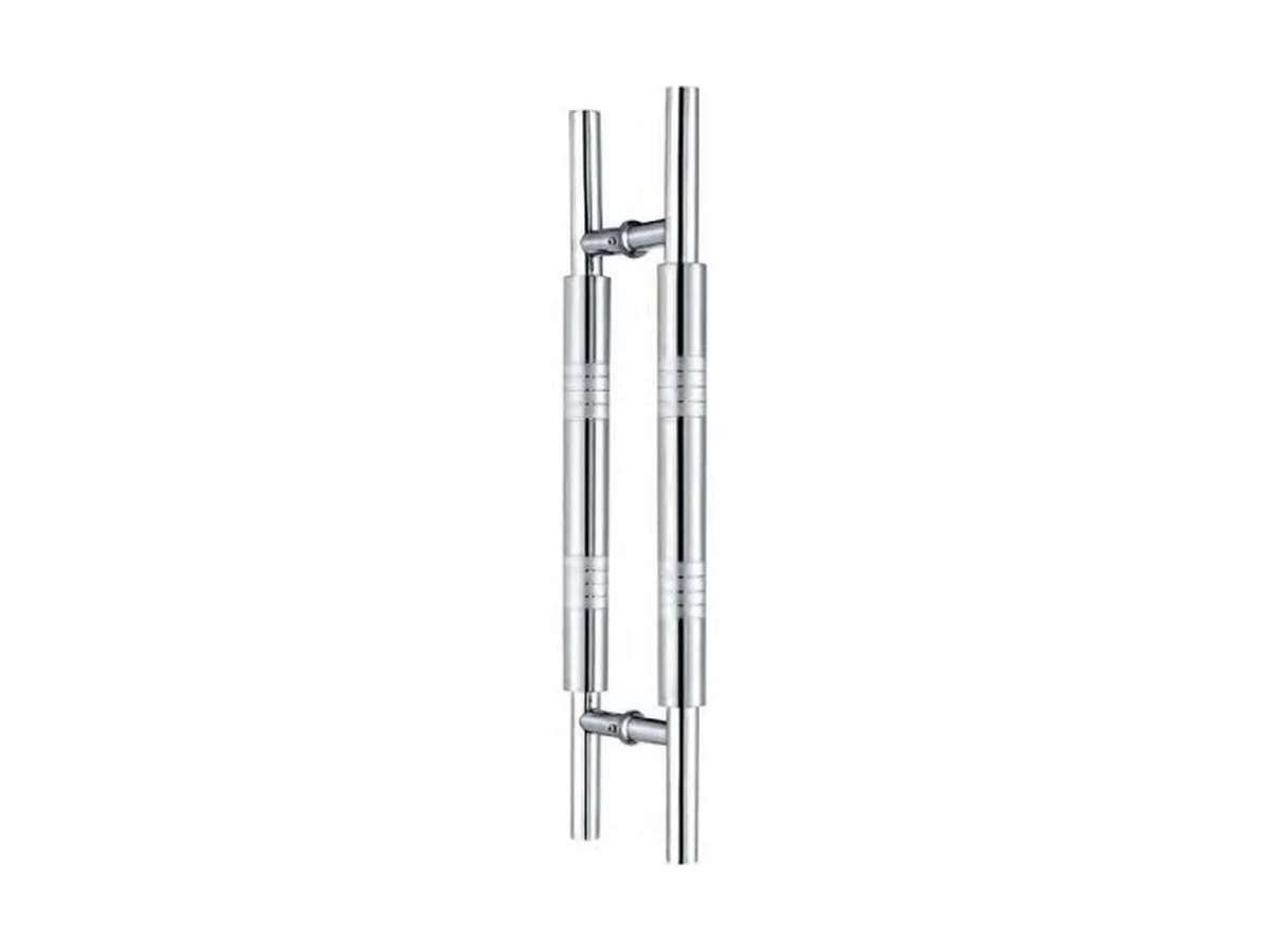 Pair of crystal knob door handles with M8 fixing bolts laid beside them, catalogue studio shot