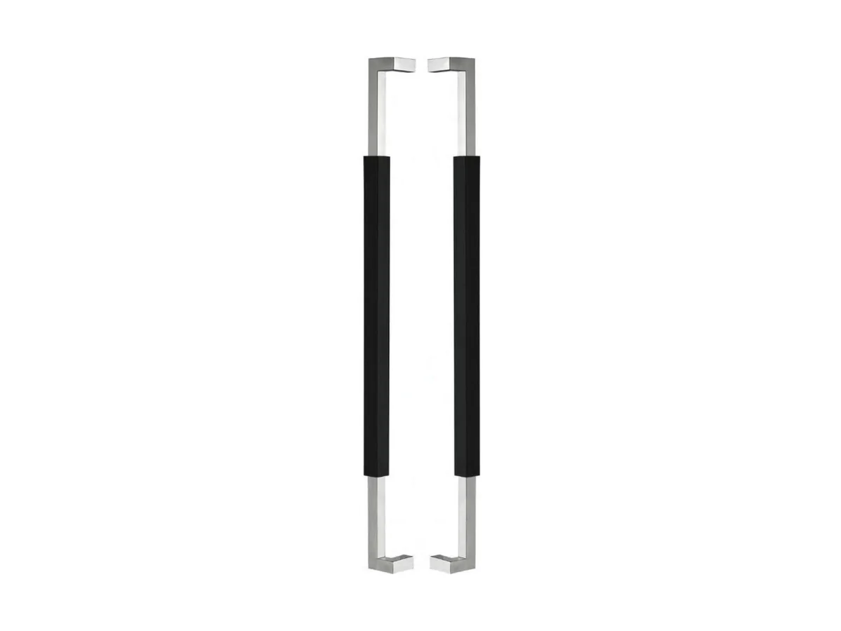 Bent stainless steel bar door handle with a mirror finish on a light background, catalogue studio shot