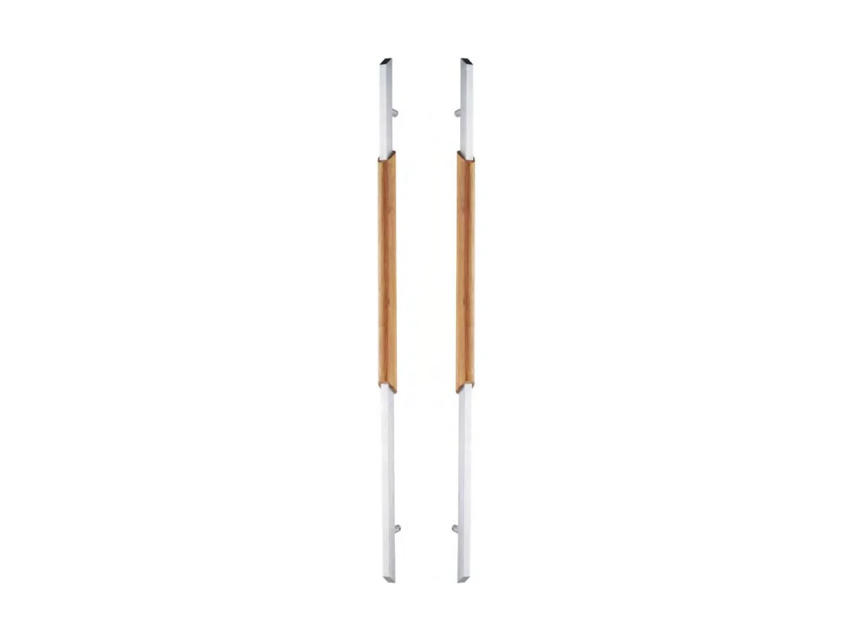 Aluminium door handle with a wood-look bar face on a light background, catalogue studio shot