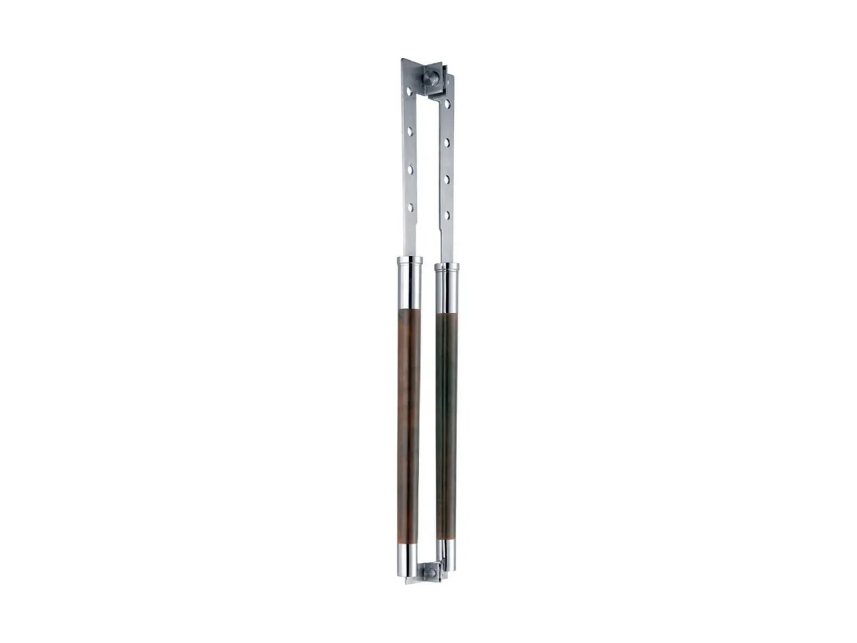 Aluminium door handle with a wood panel set into the face, catalogue studio shot