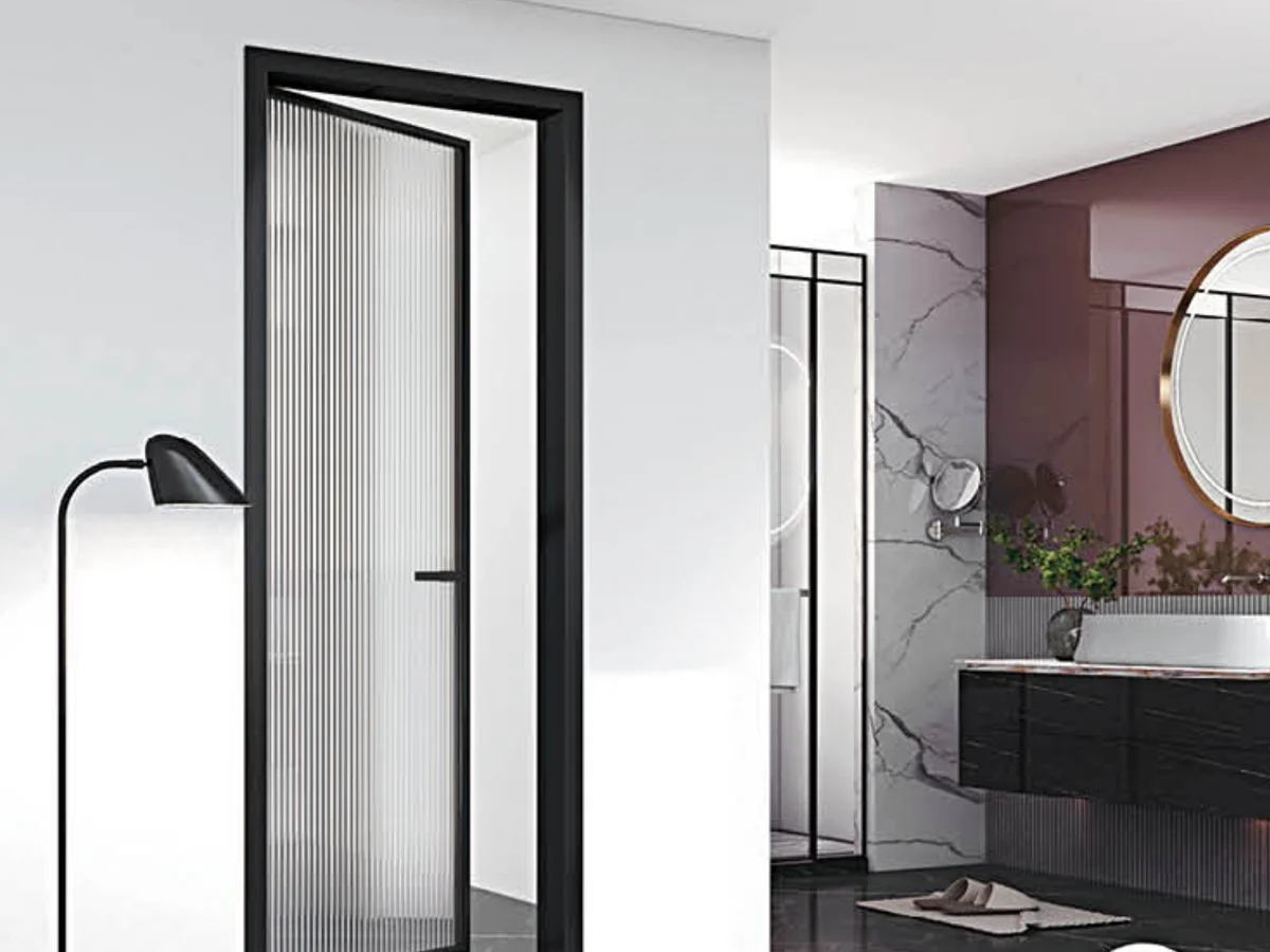 Dining room interior with an aluminium hinged door open against the return wall, design rendering