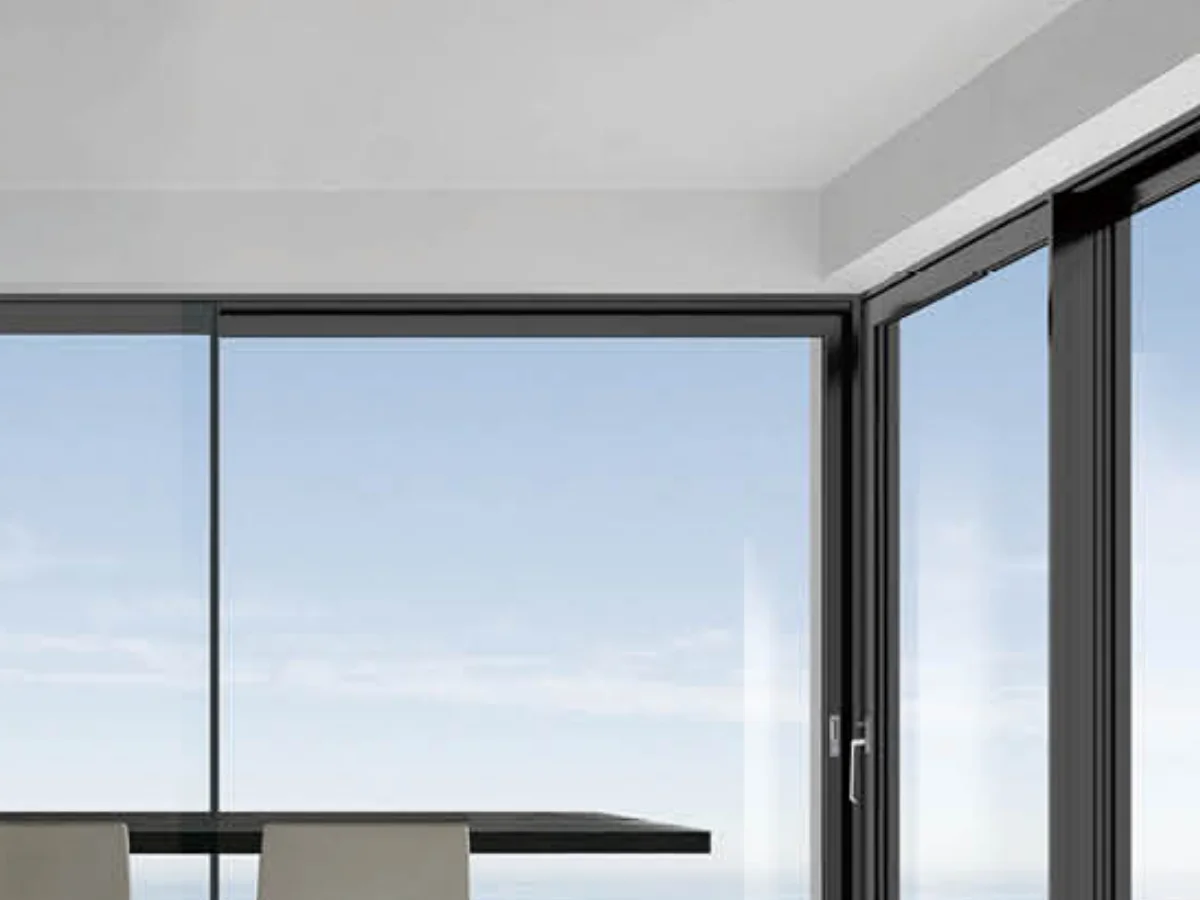 Cross-section drawing of the sliding interior leaf aluminium frame and glazing bead