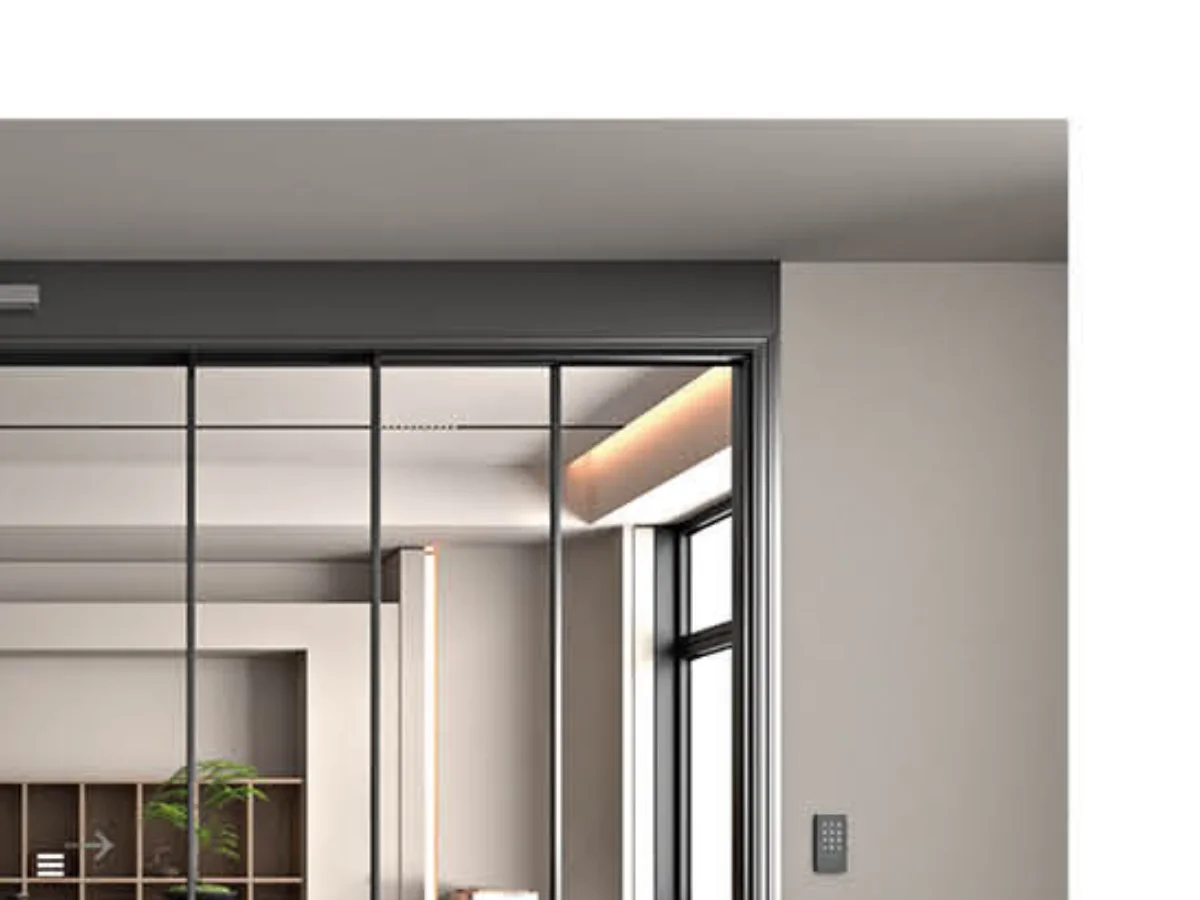 Top-hung track and carrier assembly on the head rail of a sliding interior door