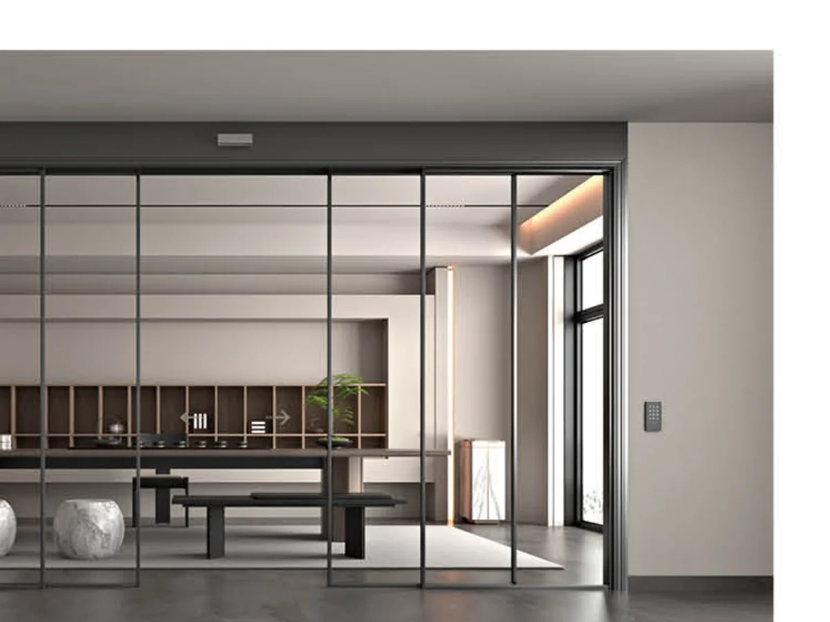 Full bathroom interior with an aluminium sliding door parked open against the wall, design rendering