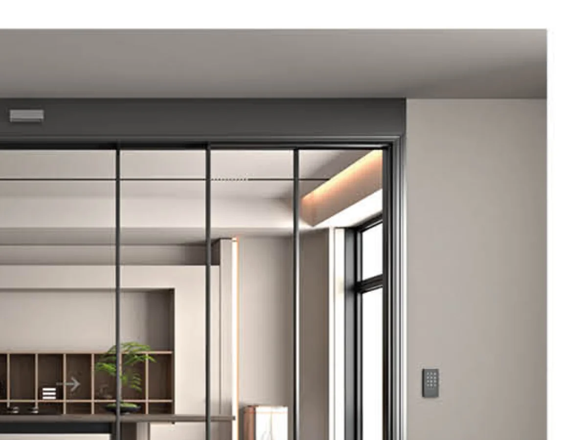 Head rail and side jamb of a sliding interior door meeting a tiled bathroom wall, design rendering