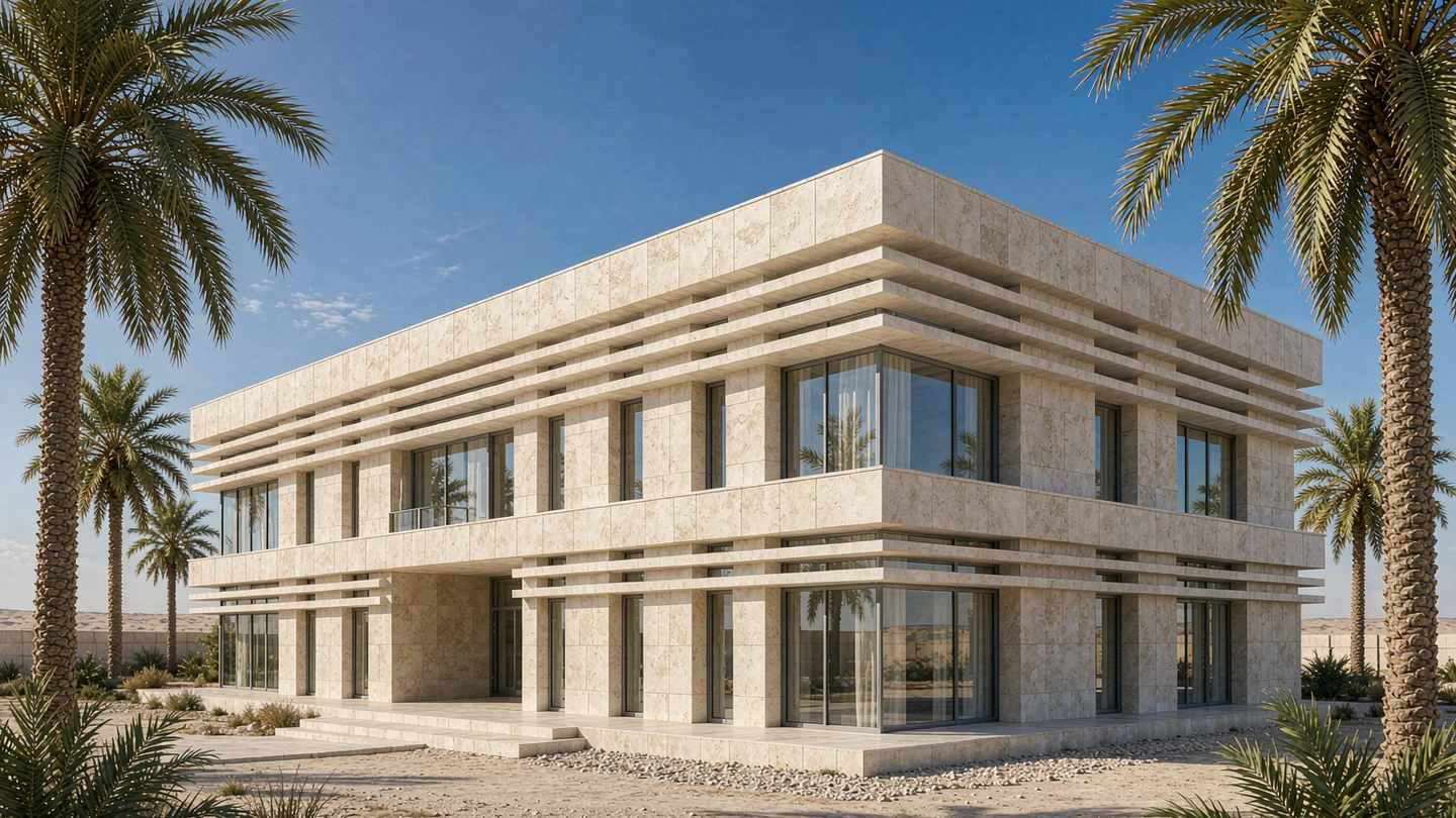 Contemporary residential building exterior design rendering with pale limestone, deep horizontal sun-shading fins and palm trees, Egypt