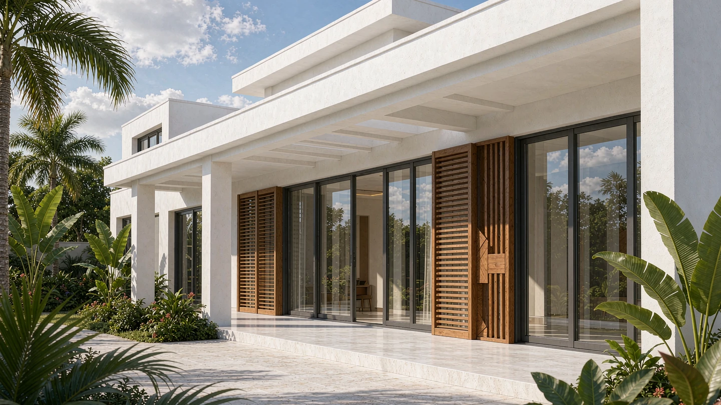Contemporary Ghanaian house exterior design rendering with white render, timber screens and a wide covered veranda, Ghana