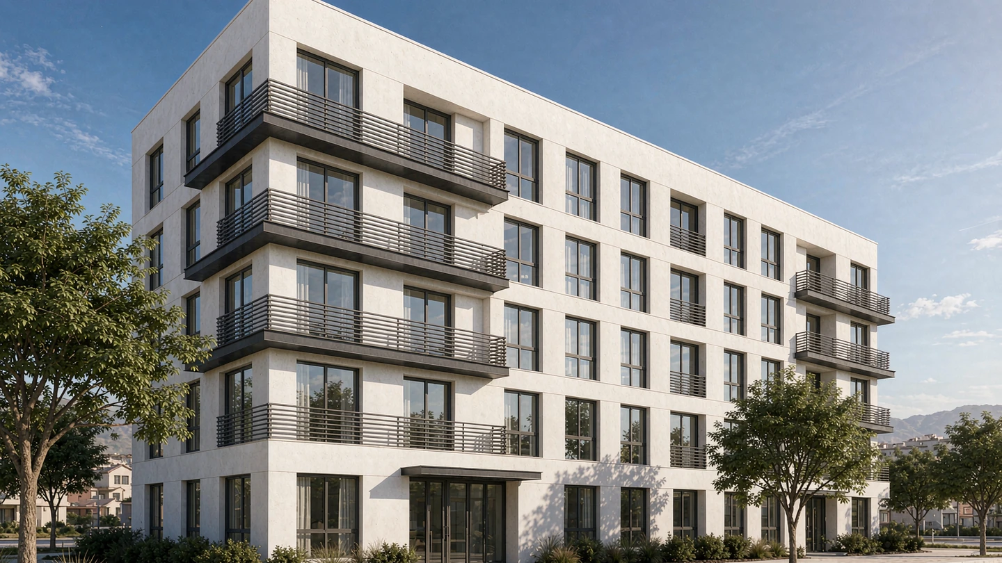 Contemporary mid-rise apartment building exterior design rendering in white render with dark metal balcony bands, Mexico