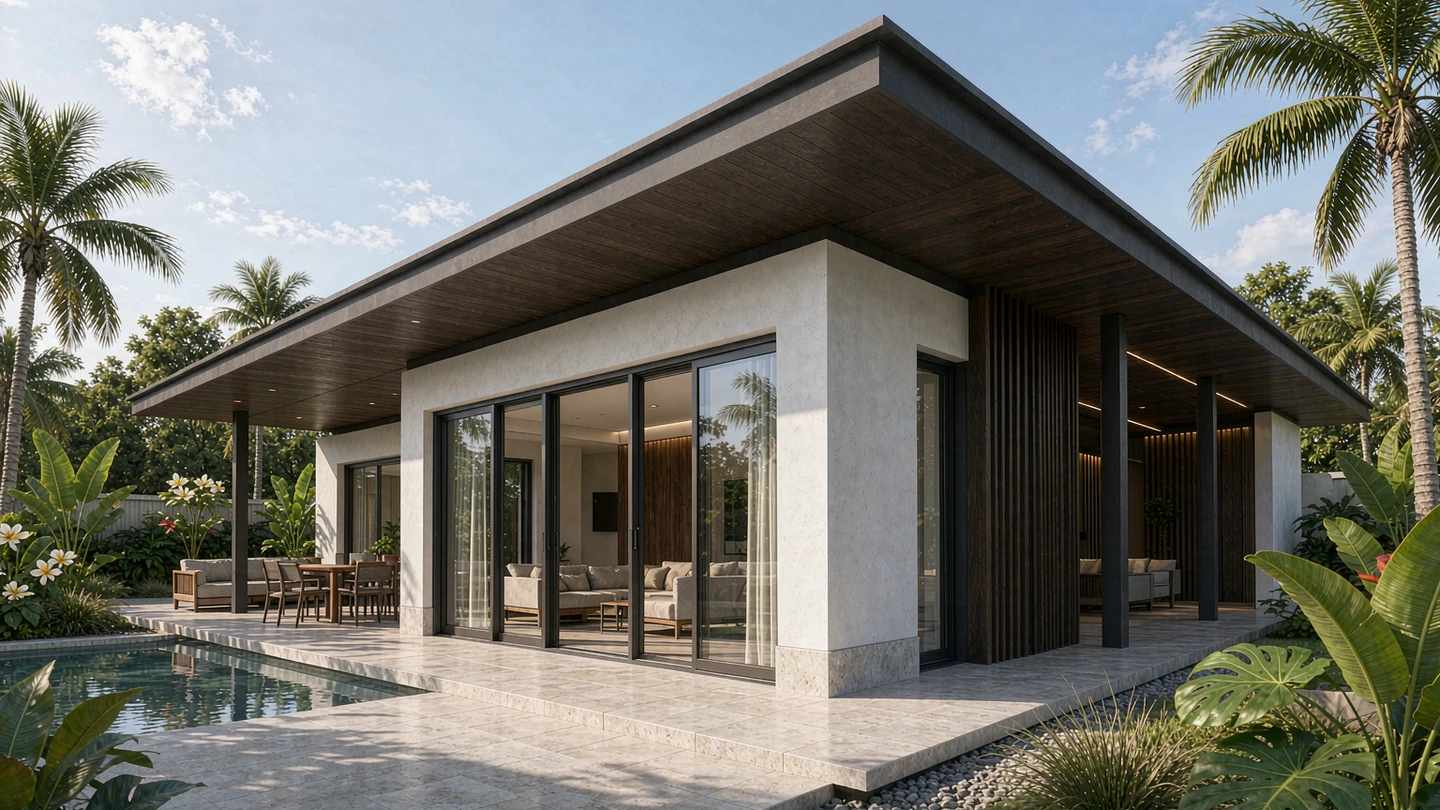 Contemporary Malaysian house exterior design rendering with dark timber, white render and a wide low roof overhang, Malaysia