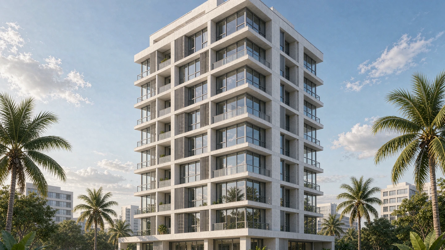 Contemporary residential tower exterior design rendering with deep window reveals and vertical fins, Philippines