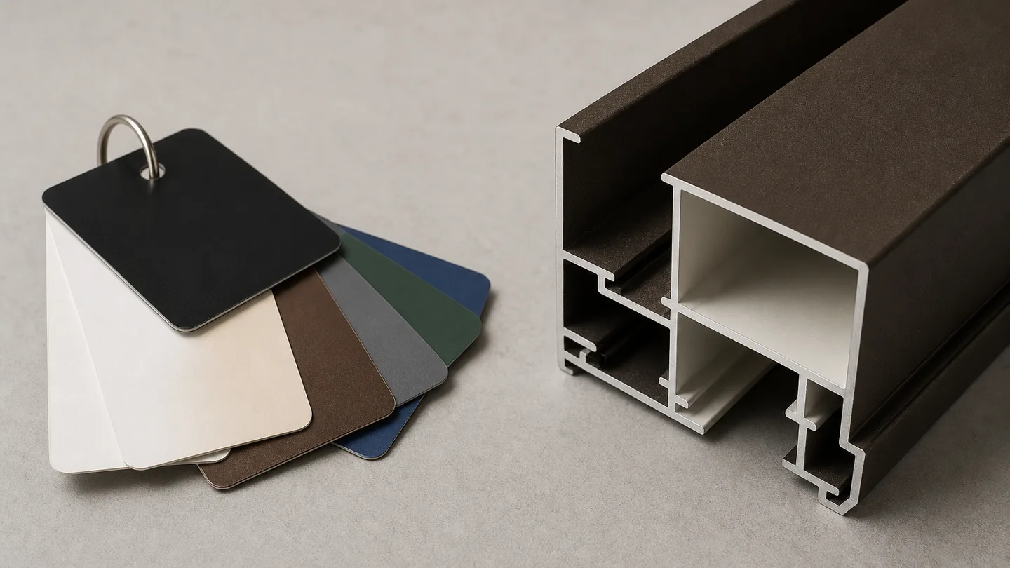 RAL colour chart beside a two-tone aluminium profile, different interior and exterior finish
