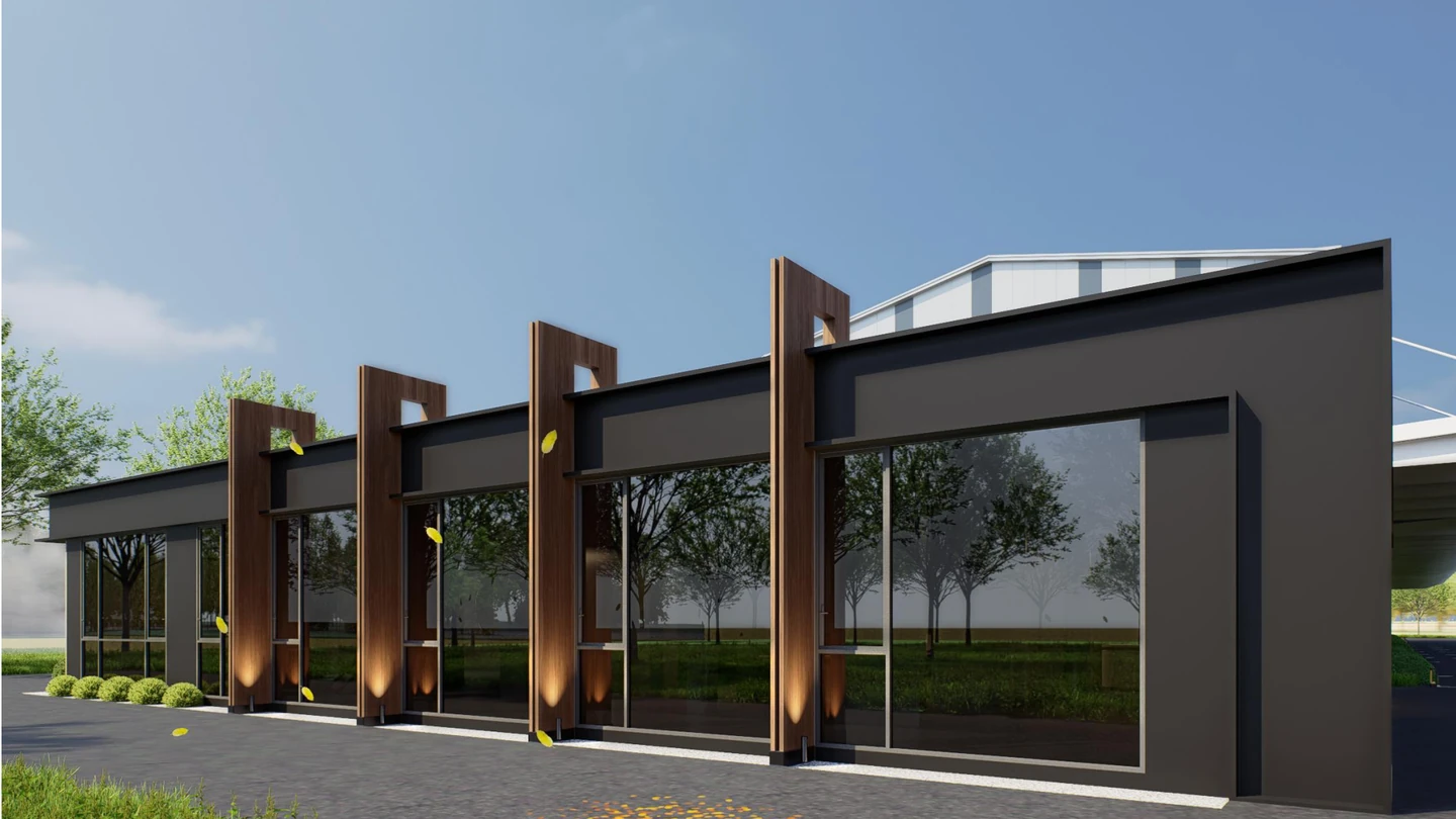 Commercial hall exterior design rendering with dark timber facade, Australia