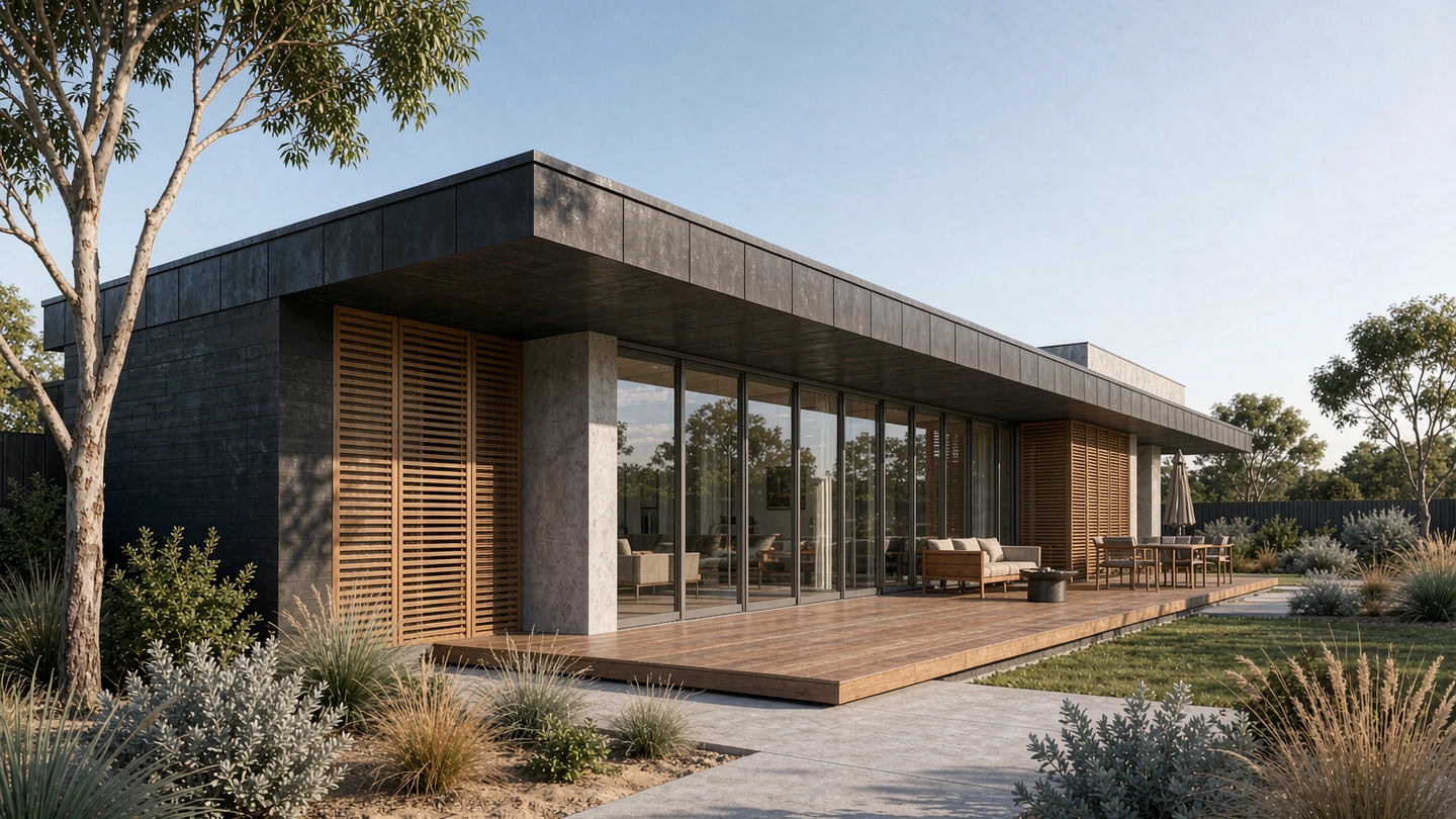 Contemporary Australian house exterior design rendering with a wide overhanging roof and aluminium sliding doors to a deck, Australia