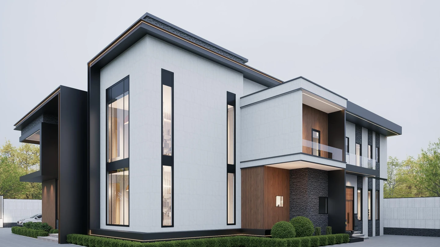 White villa exterior design rendering with black window frames, Chad