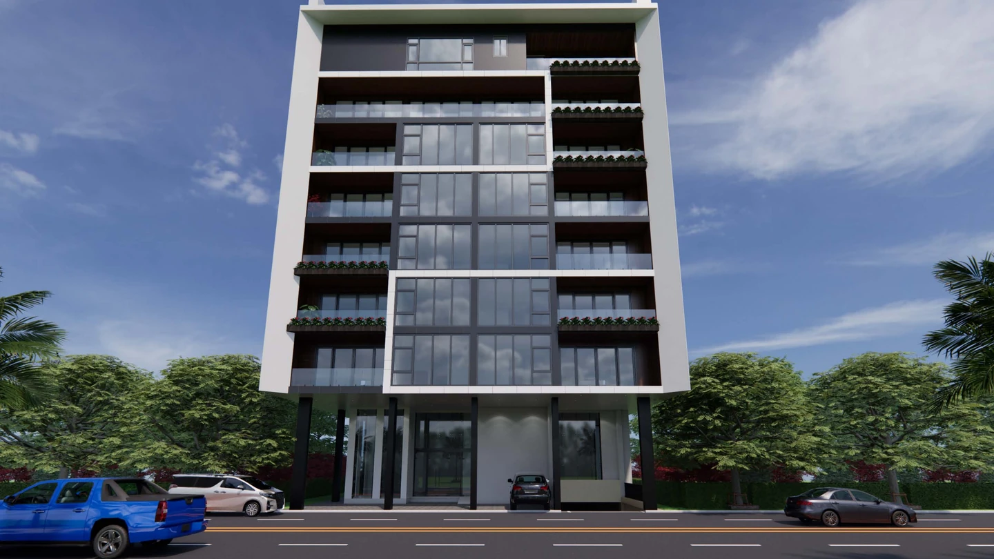 White apartment block exterior design rendering with recessed balconies, Ethiopia
