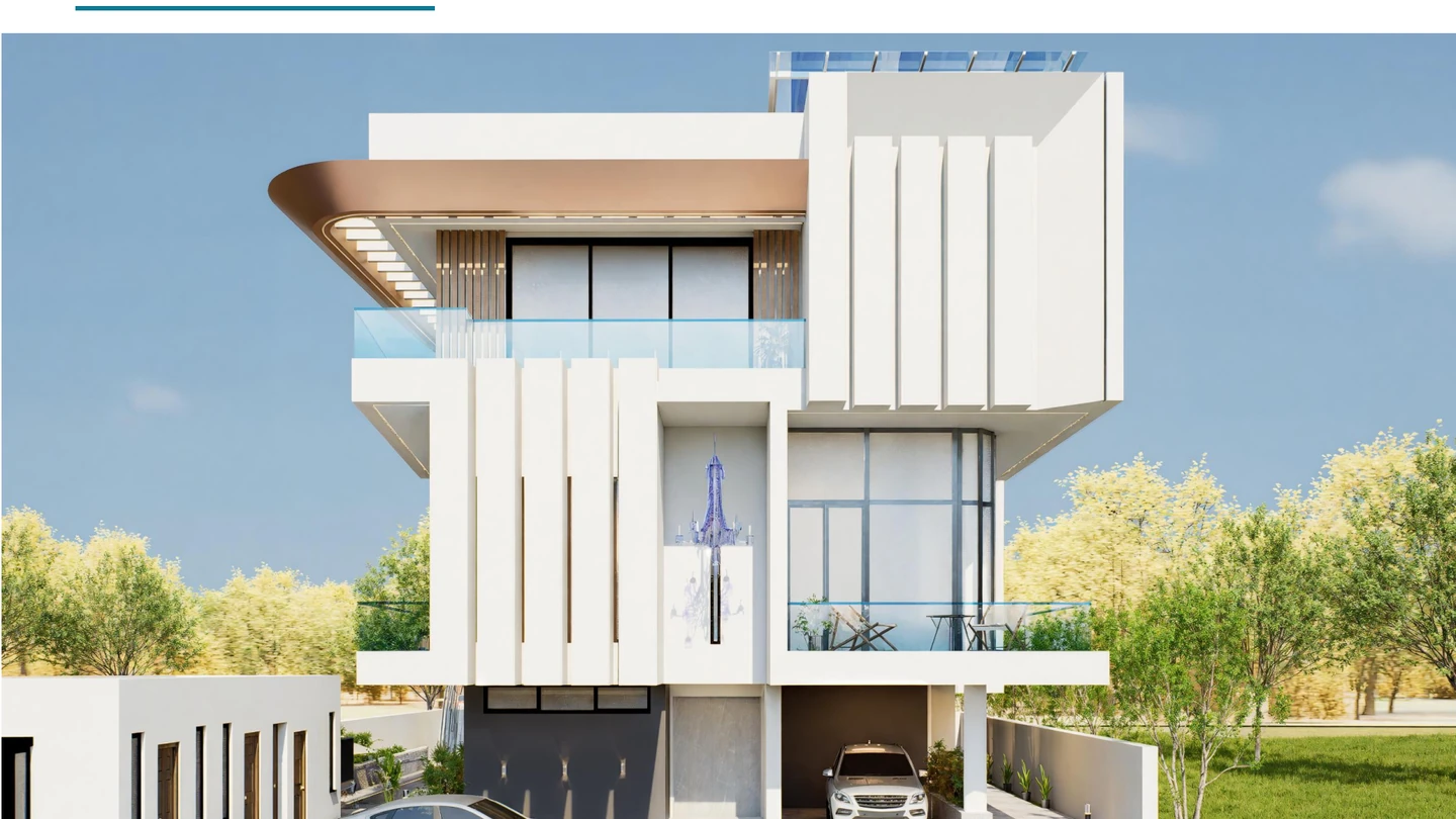 Three-storey villa exterior design rendering with gold-toned roofline, Nigeria