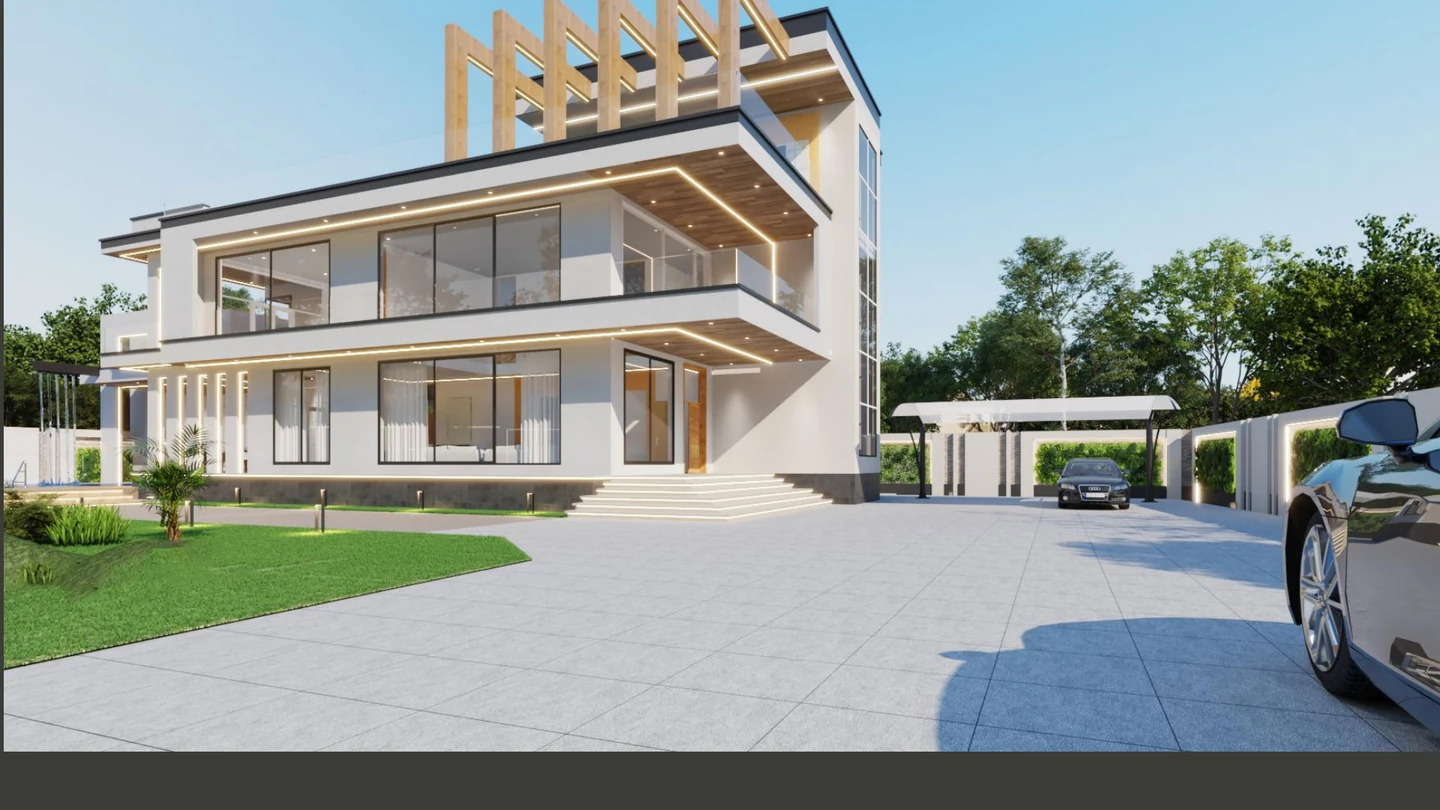 Three-storey villa with glass corner glazing, exterior design rendering, Tanzania
