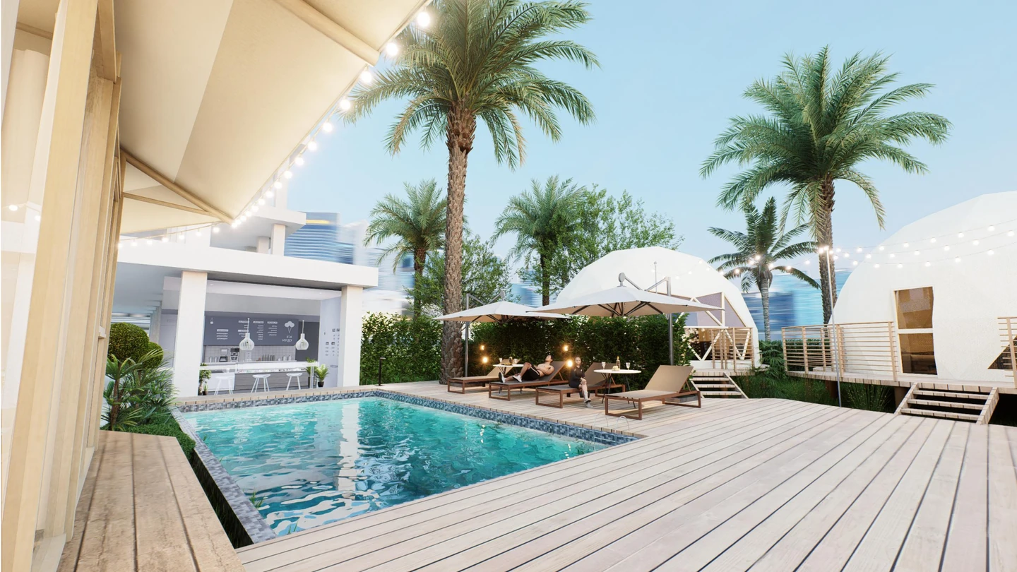 Tented camp hotel exterior design rendering with pool and palms, Tanzania