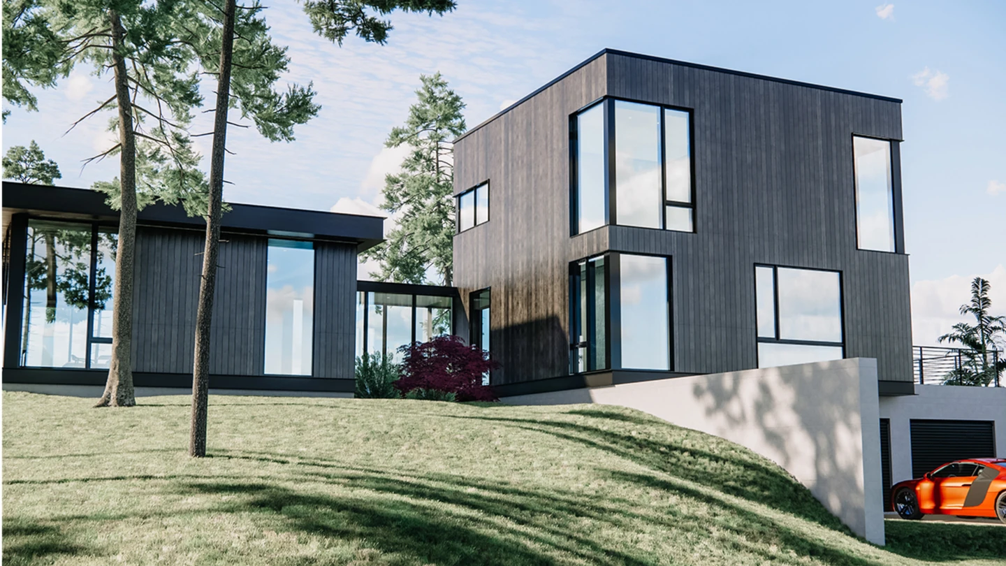 Modern two-volume villa exterior design rendering, United States