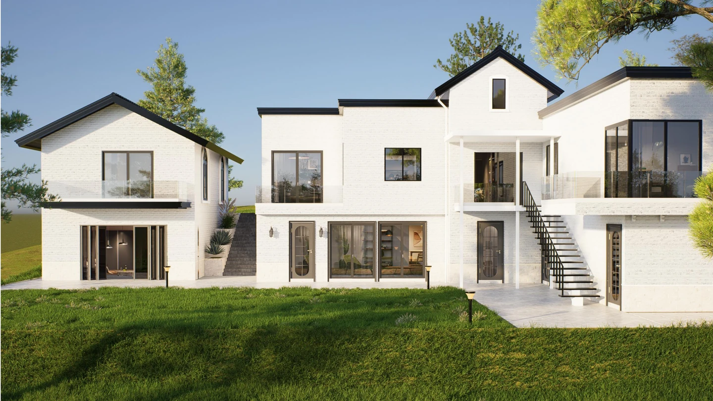 Gable-roof villa exterior design rendering with stone and brick accents, United States