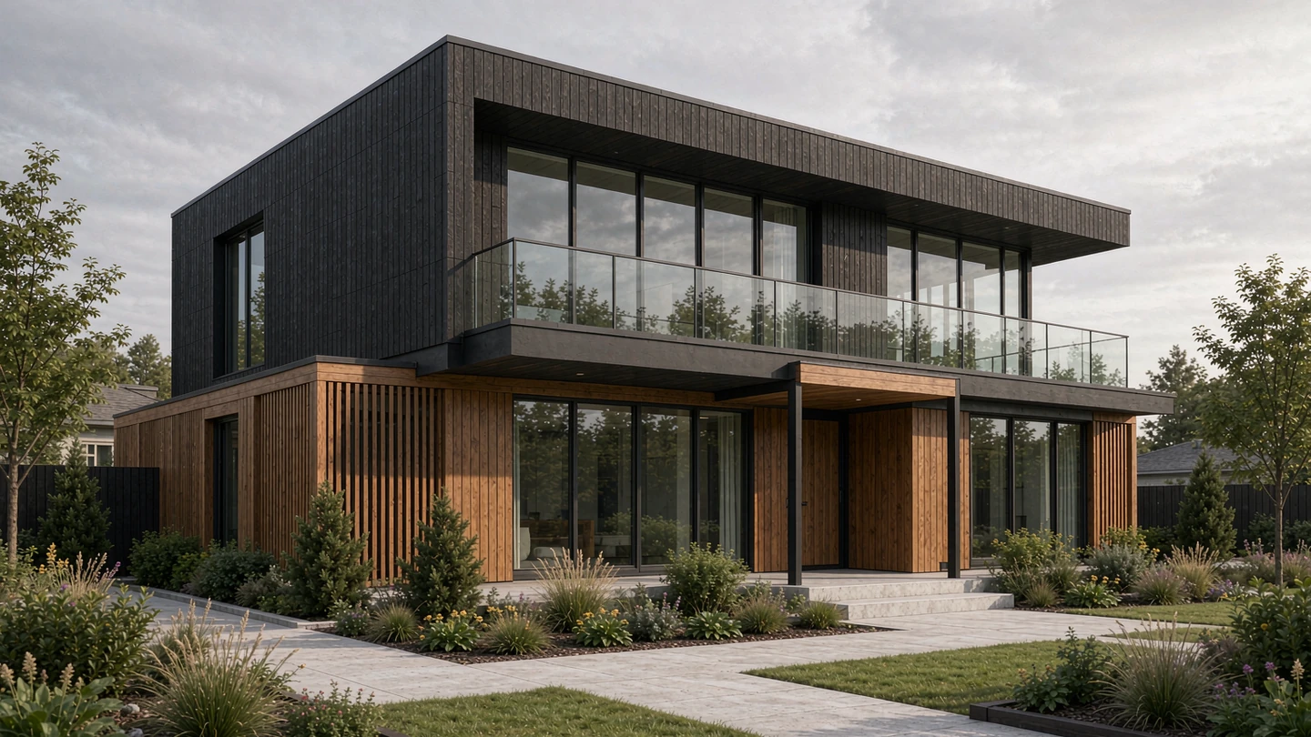 Two-storey modern house exterior design rendering in charcoal cladding with warm timber and slim black aluminium window frames, United States