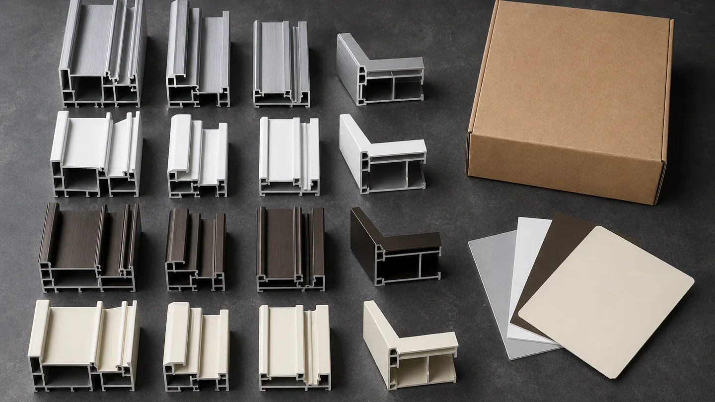 Adam Alux sample profile set: cut aluminium sections in four finishes