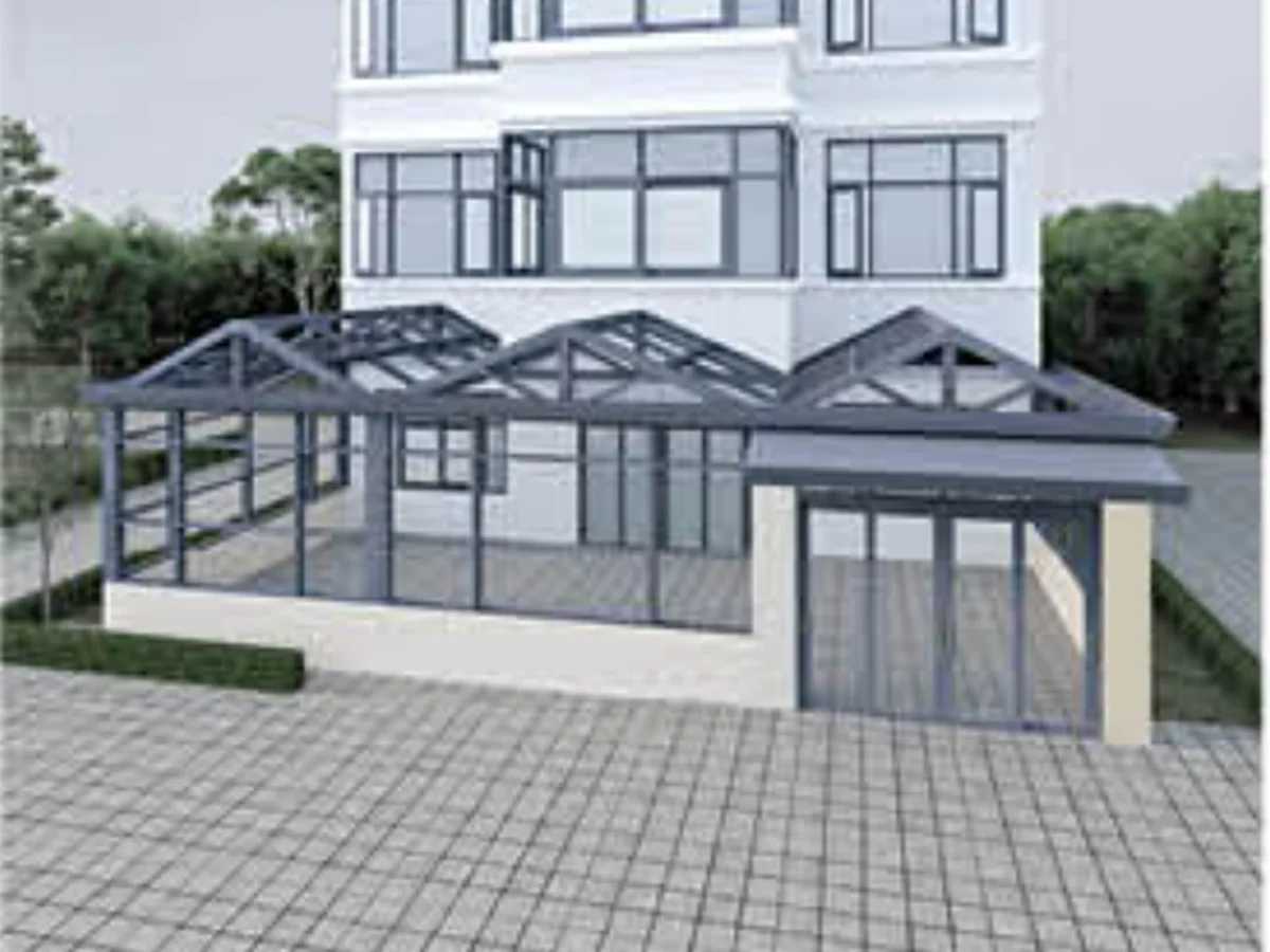 Interior of a glazed aluminium sunroom with a sea view through full-height glass, design rendering