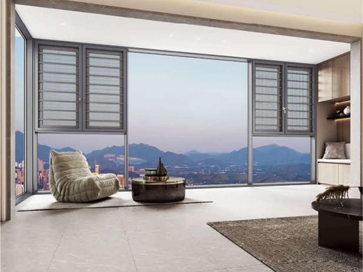 Aluminium sunroom with a shaded roof bay above open glazing, design rendering