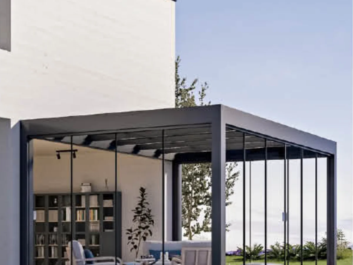 Interior view of a wide glazed aluminium sunroom with a sea view, design rendering
