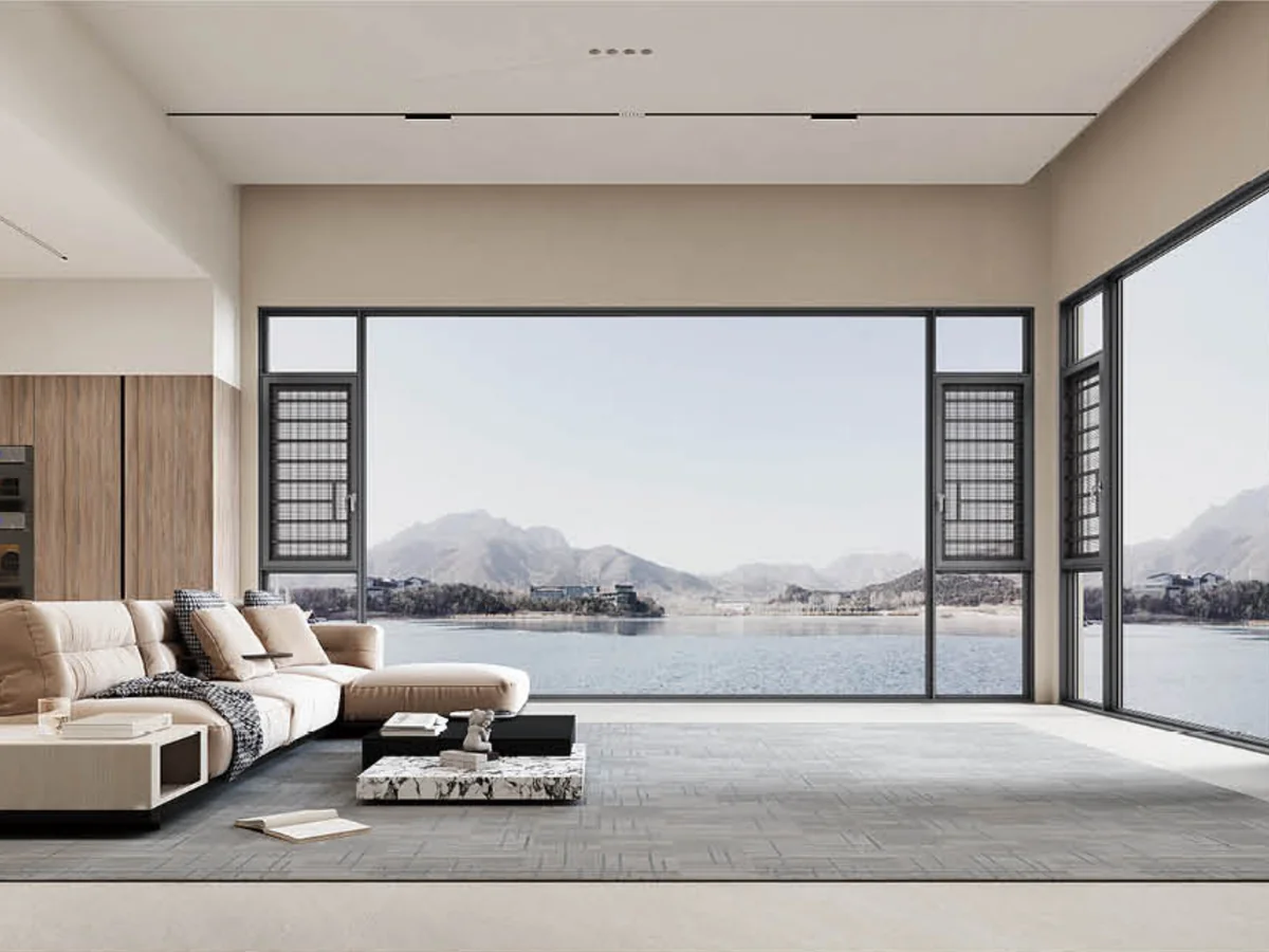 Glazed aluminium sunroom terrace with roof shading over the bays, design rendering
