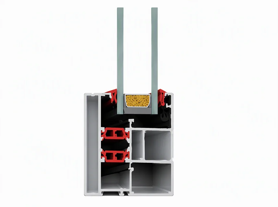 Cross-section of the 110 series 2.0 sash profile with red polyamide thermal-break bridges