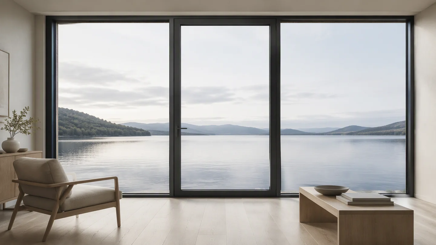 Minimal room with full-height 112 series casement glazing, water view