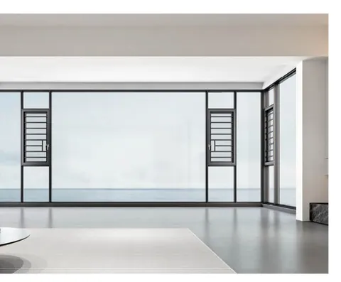 Minimal room with full-height 112 series casement glazing, water view