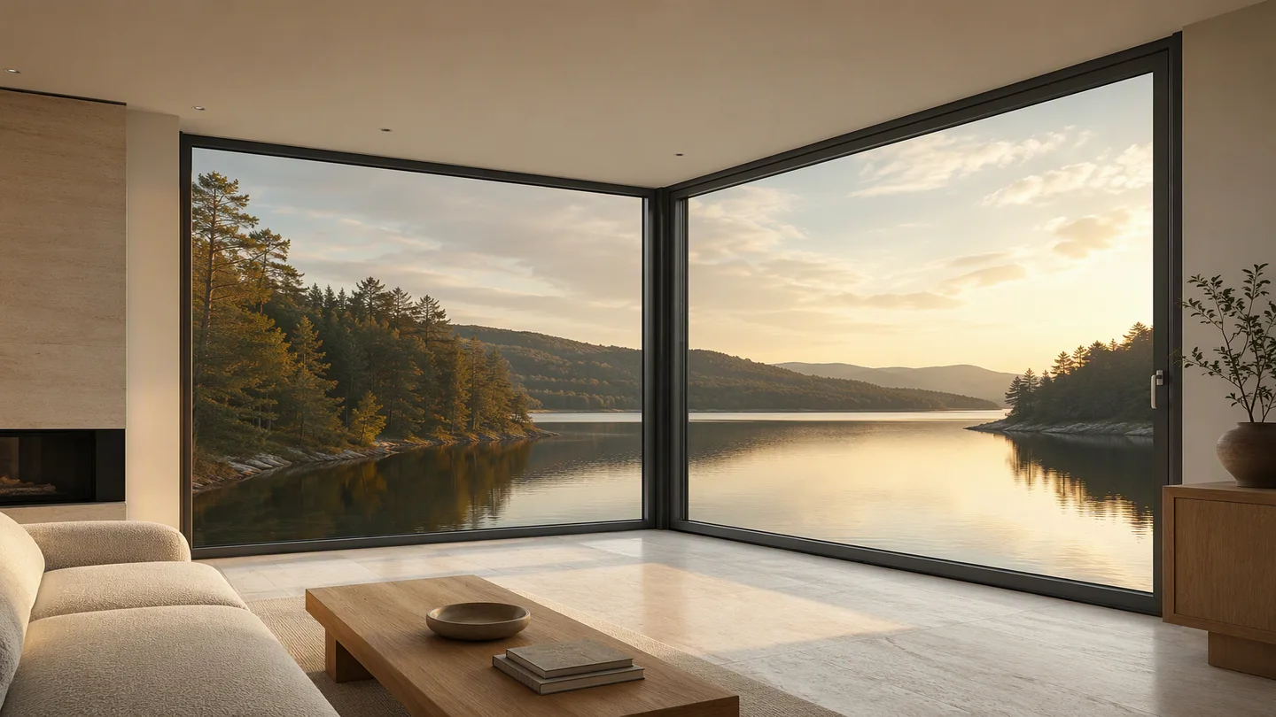 Corner window wall in the 118 series six-chamber casement with a lake view, design rendering