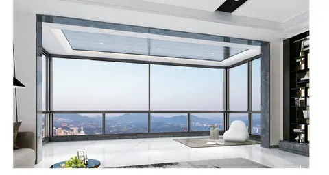 Penthouse living room with 126 series six-track panorama glazing over a valley